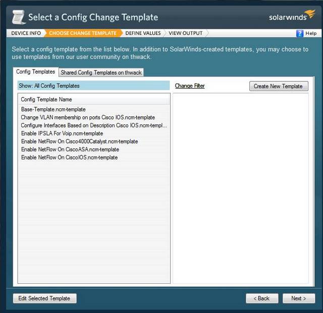 Network Config Generator Template Selection Screen