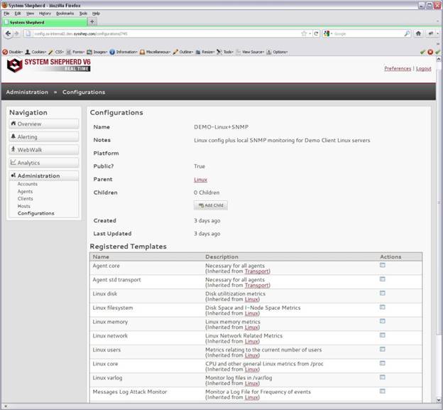 System Shepherd Configuration Screen