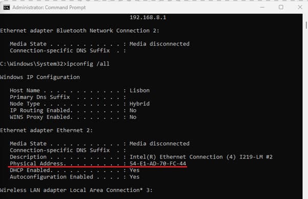 Ipconfig/all Physical Address Command Prompt