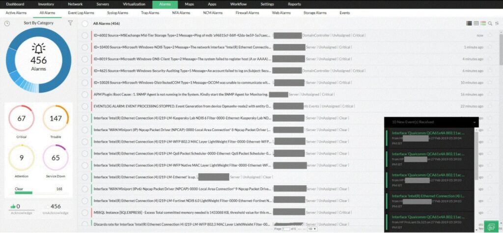 ManageEngine OpManager Alarms Device - List View