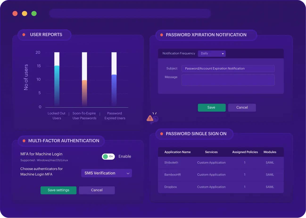 ManageEngine AD360 Interface Showing User Reports Password Expiration MFA And Single Sign On