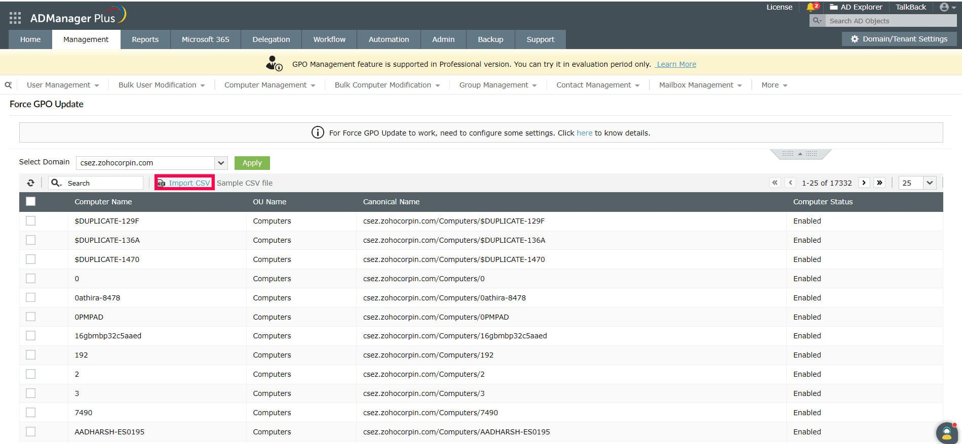 ManageEngine ADManager Plus Force GPO Update Screen With Import CSV Option