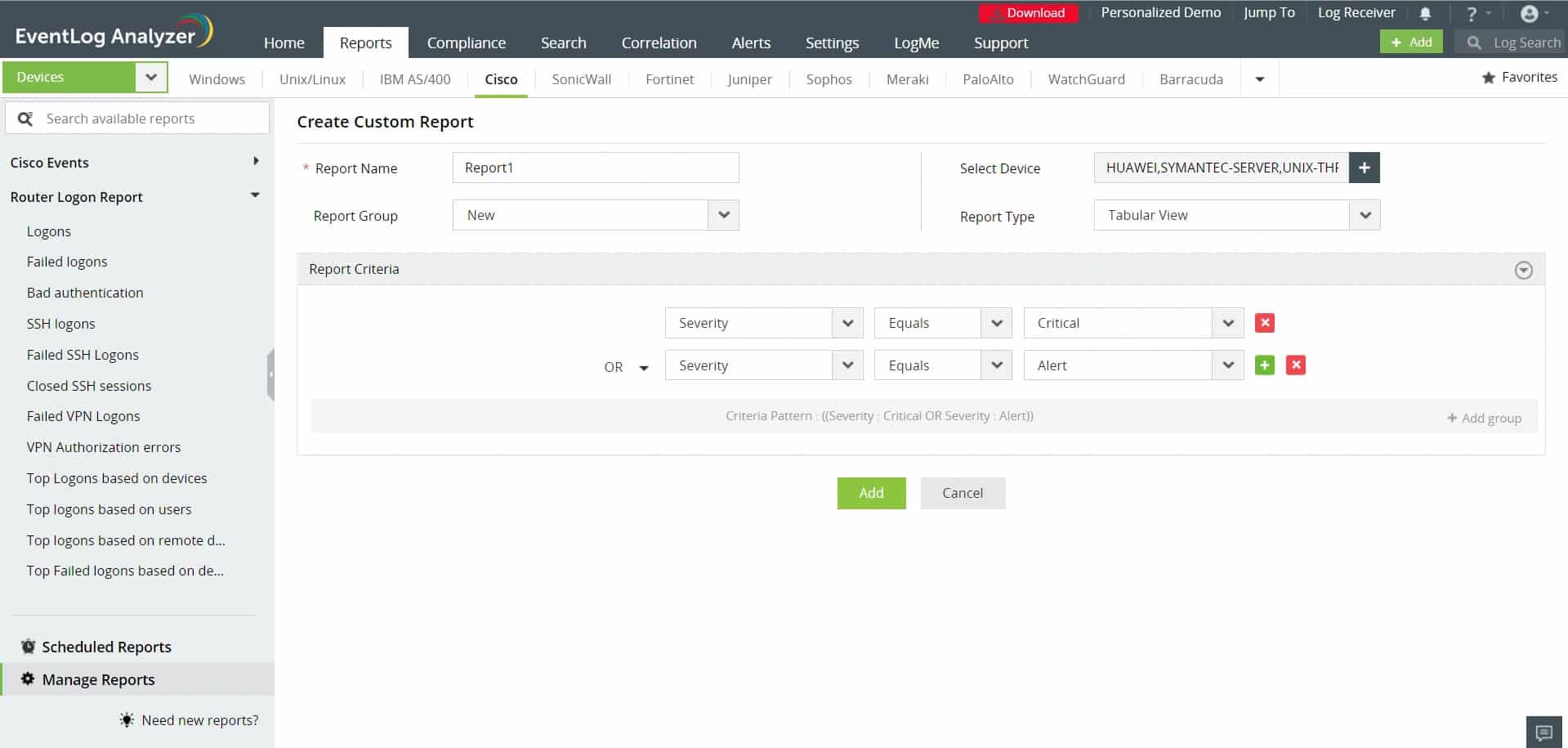 ManageEngine EventLog Analyzer Create Custom Report Screen With Cisco Events Filters