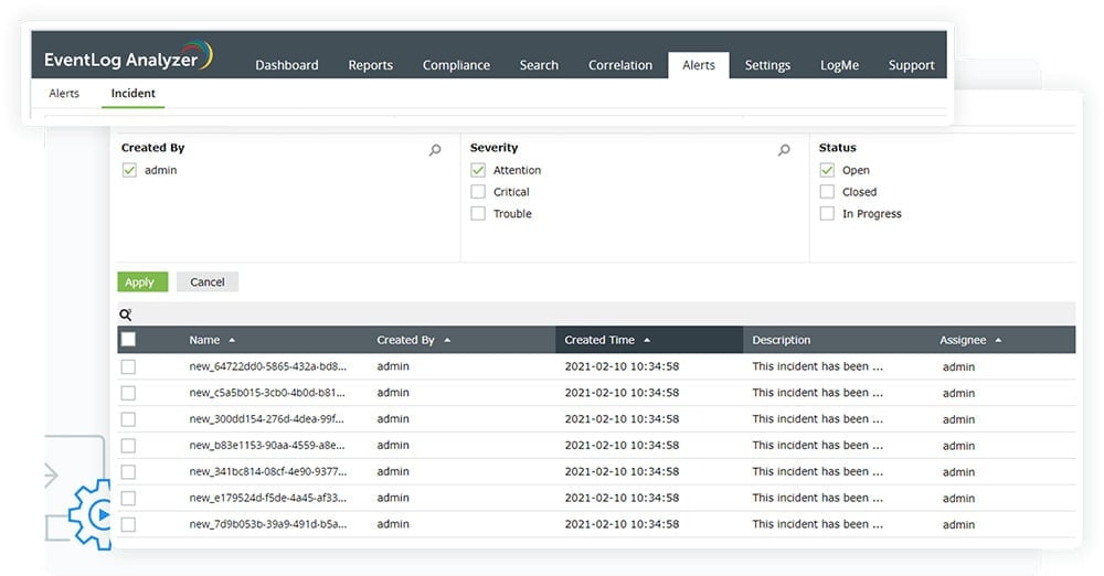 ManageEngine EventLog Analyzer Incident Alerts List With Severity And Status Filters