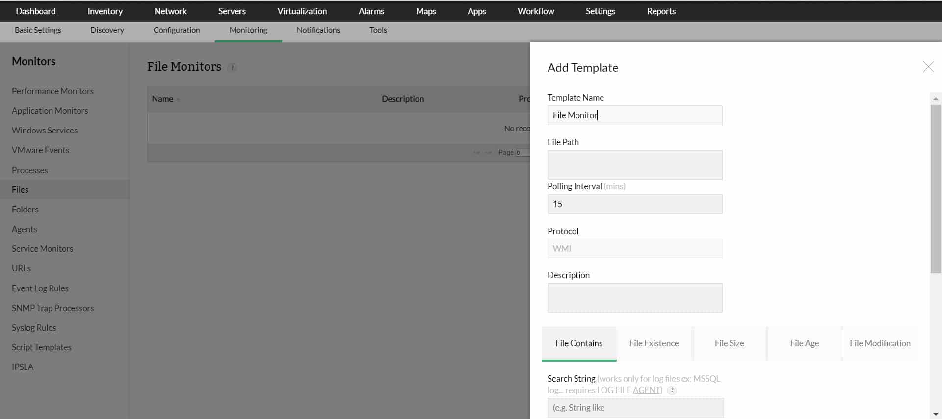 OpManager file monitoring template showing WMI settings file path and content checks
