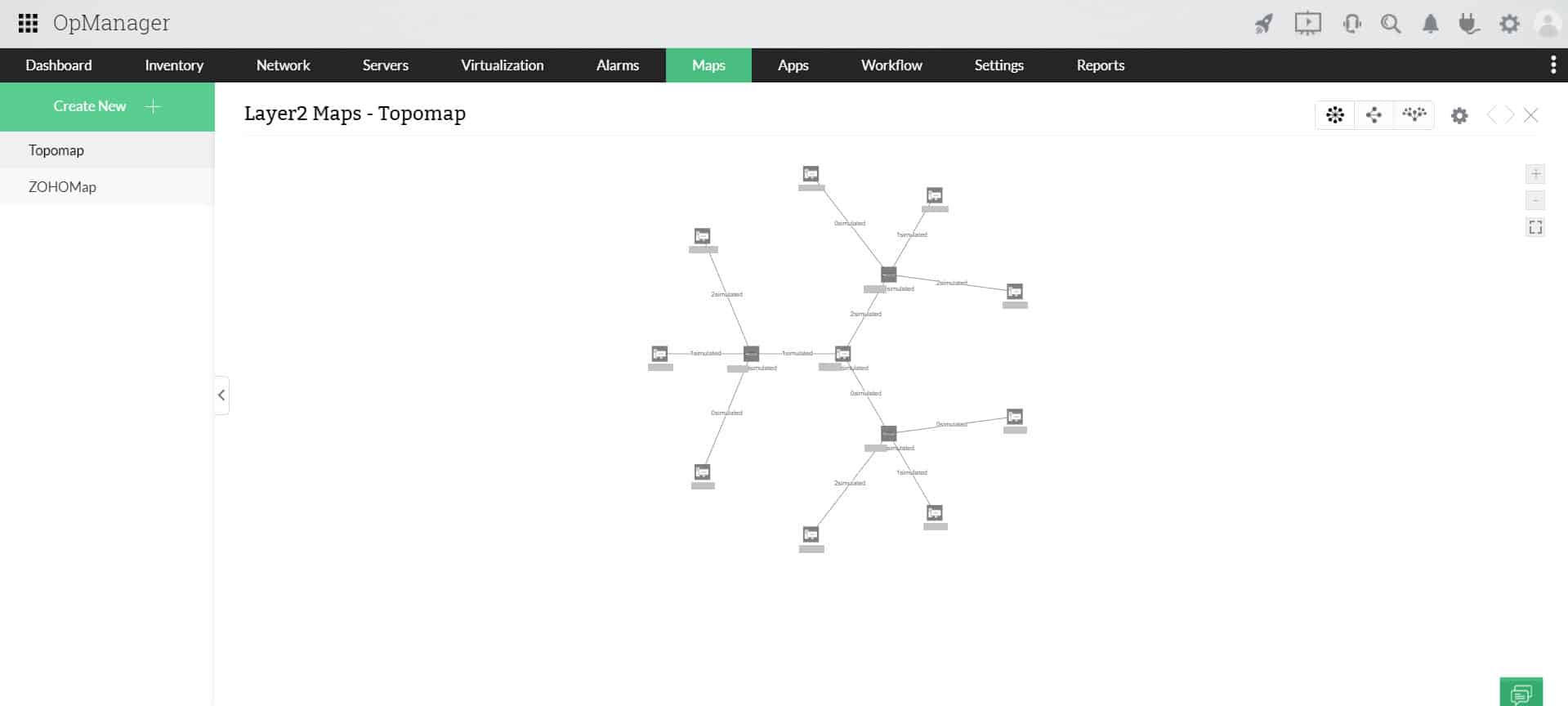 OpManager Layer 2 topology map showing discovered devices and their interconnections across the network