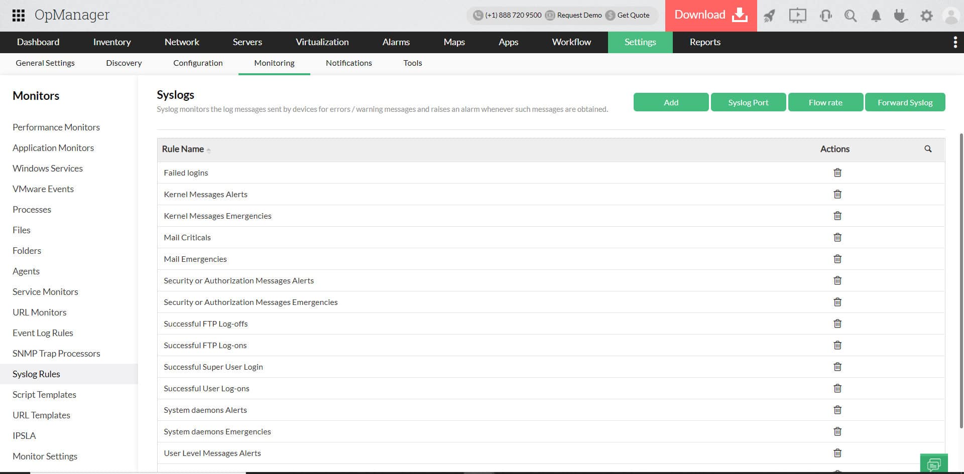 OpManager Syslog rules page showing rule list port configuration flow rate and forwarding controls