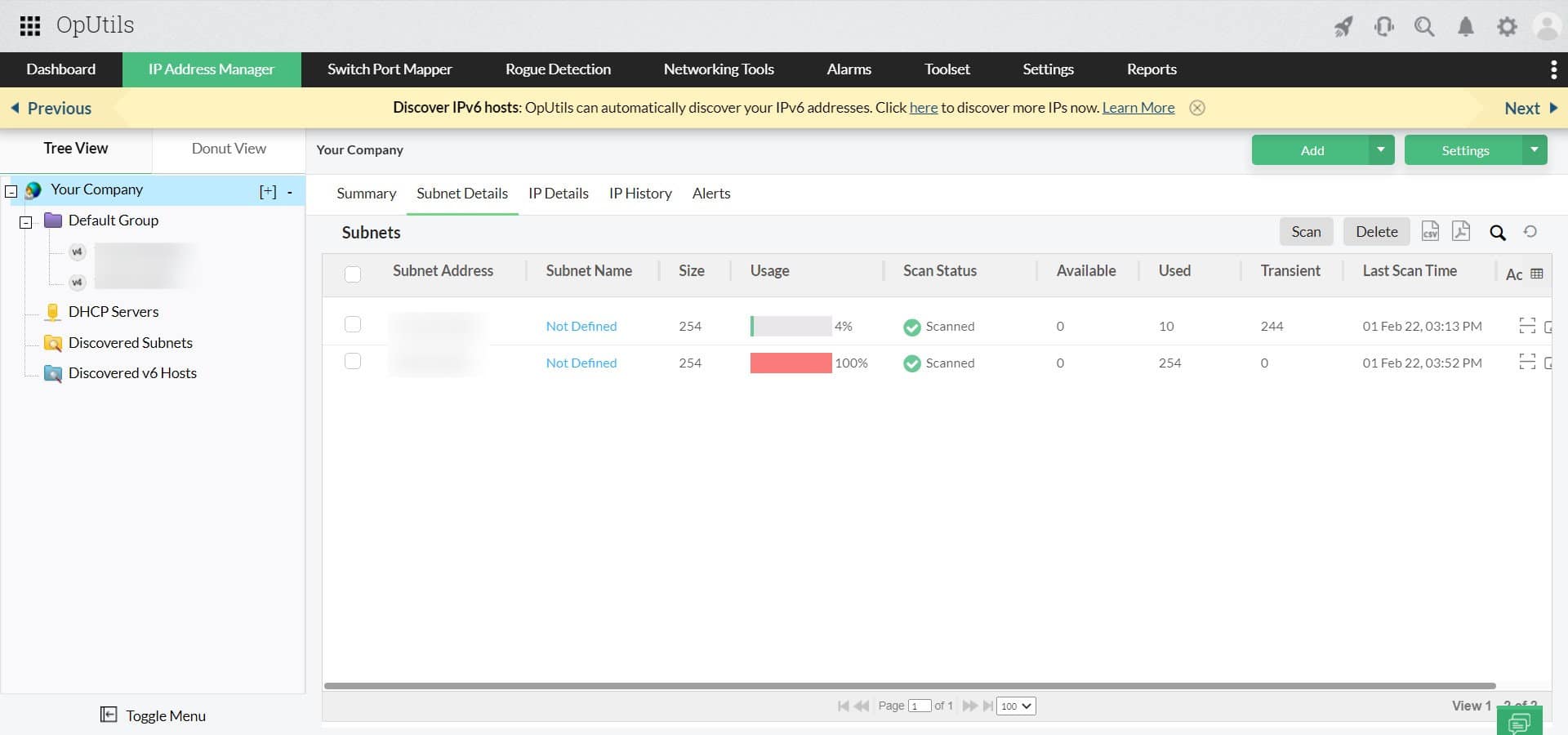 OpUtils IP Address Manager subnets table showing usage available used and scan status