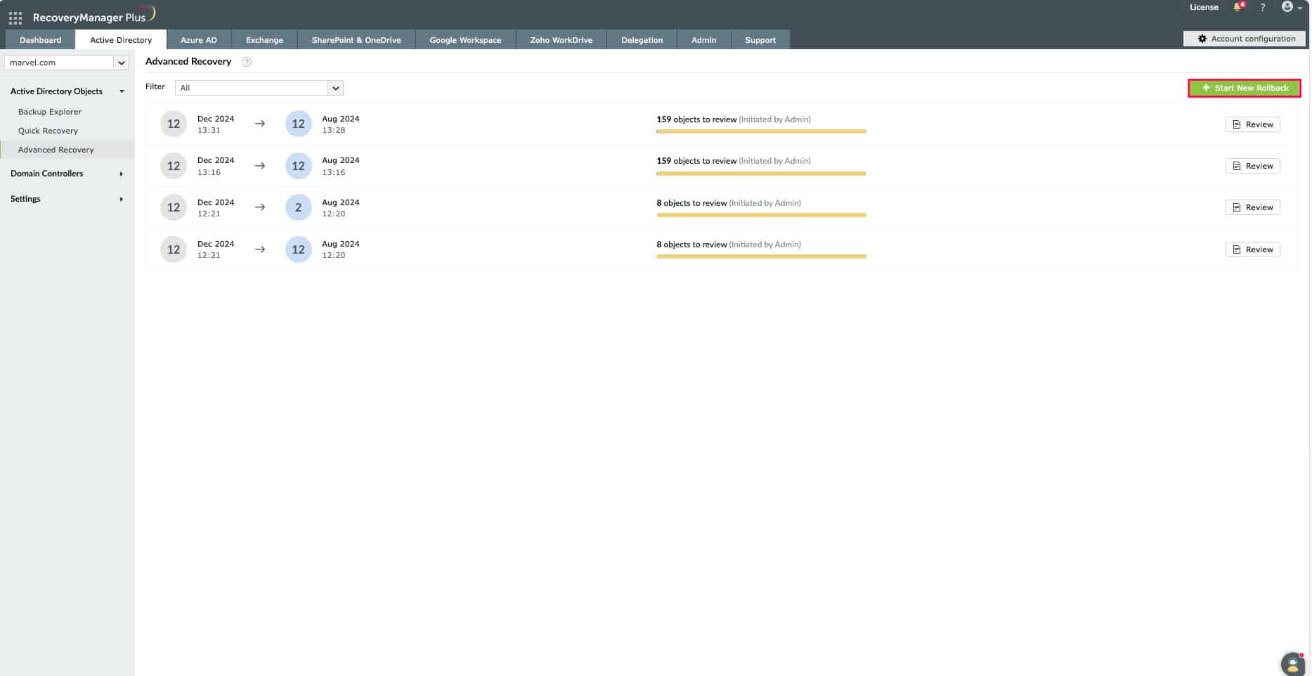 ManageEngine RecoveryManager Plus Advanced Recovery Screen With Start New Rollback Button