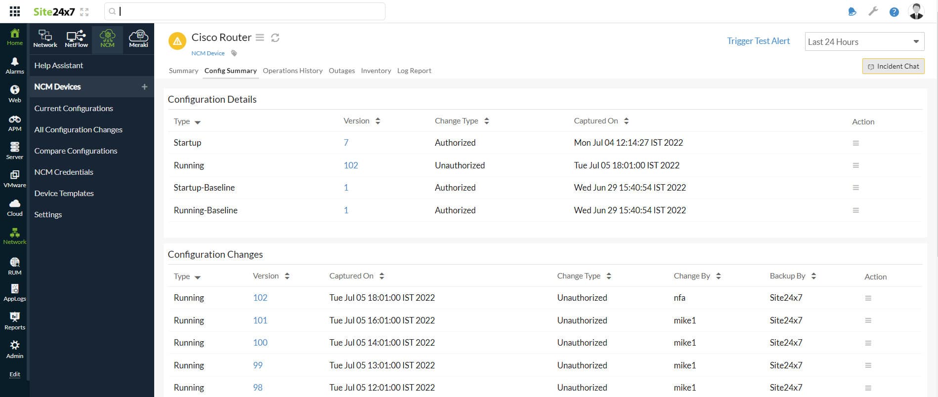 Site24x7 Cisco Switch Configuration History Dashboard