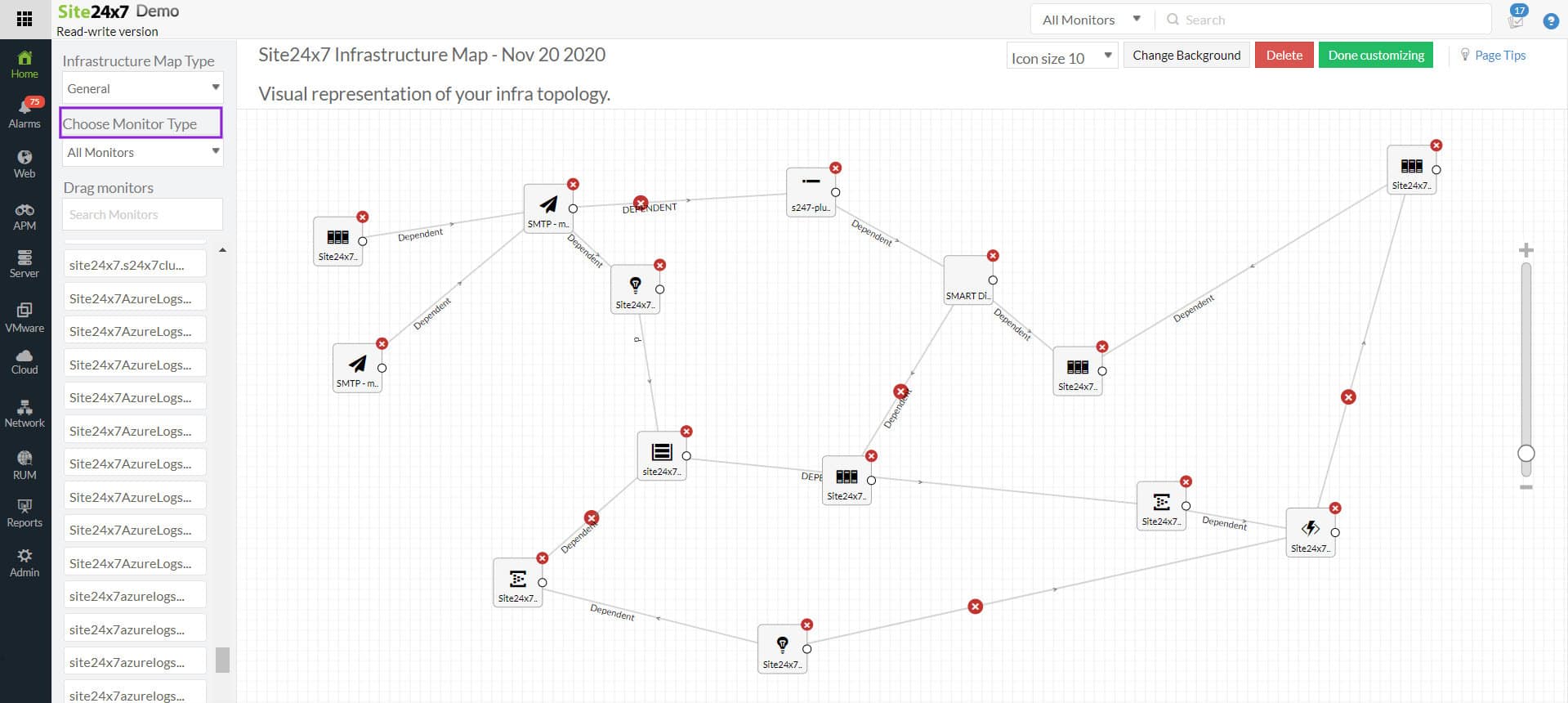 Site24x7 network topology map showing hierarchical device nodes (routers, switches), connection links, and status color‑coding across Layer 2/3 topology.