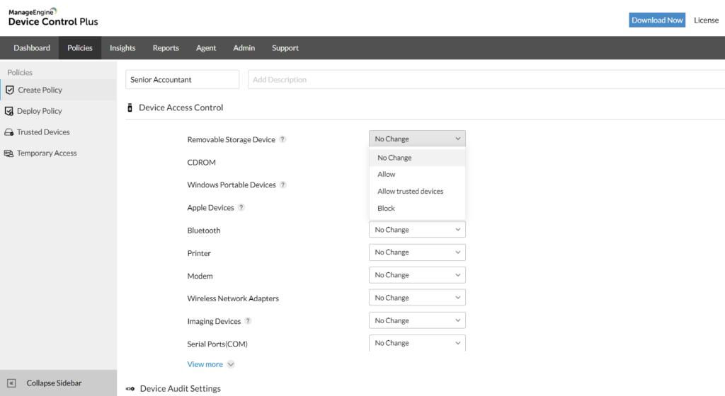 manageengine device control plus dashboard